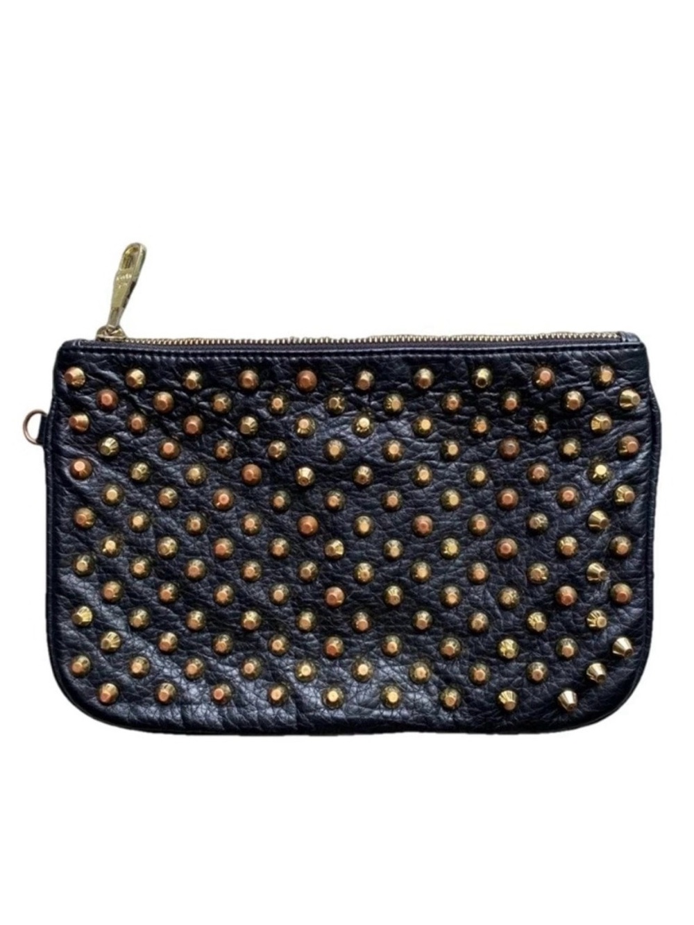 Steve Madden Black Leather Gold Studded Clutch Purse Wristlet Evening Bag